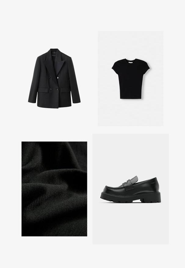 Sort dobbeltbrystet blazer med en indhakskrave, to frontlommer, struktureret design og glat stoftekstur.; Sort kortærmet t-shirt lavet af bomuld. Tætsiddende design, rund hals og glat tekstur. Ingen mønstre eller ekstra hardware synligt.; Sorte ribbet stof med en struktureret overflade, der fremhæver subtile folder og kurver. Materialet ser let og fleksibelt ud.; Sorte læder loafers med en chunky tekstureret sål, der har en rem over vamps og en glat, poleret finish.