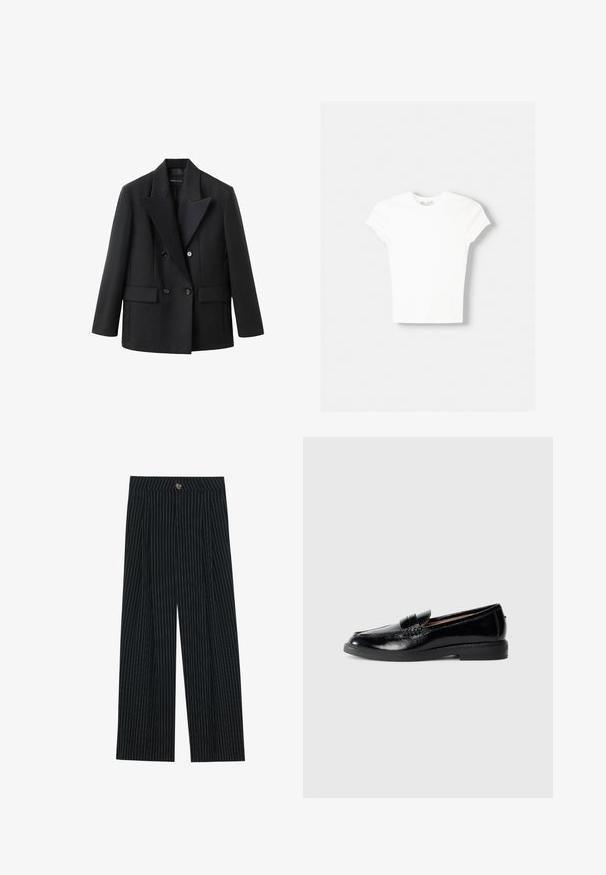 Blazer noir croisé à double boutonnage avec un revers cranté, deux poches avant, une coupe structurée et une texture de tissu lisse.; T-shirt blanc à manches courtes en coton doux, avec un col rond et une coupe ajustée. Pas de motifs ni d'ornements visibles.; Pantalons large à rayures noires en tissu texturé, dotés d'une fermeture à bouton sur le devant et d'un design plissé pour un intérêt supplémentaire.; Mocassin en cuir noir verni avec bout arrondi, talon bas, sangle décorative et semelle lisse sur un fond gris clair uni.