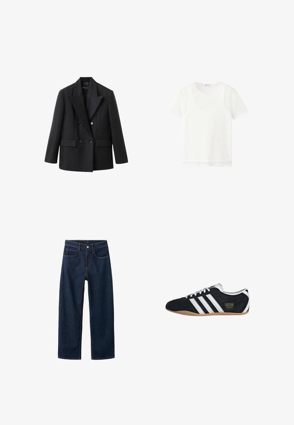 Sort dobbeltbrystet blazer med en indhakskrave, to frontlommer, struktureret design og glat stoftekstur.; Hvid kortærmet lag-på-lag t-shirt med rund halsudskæring og let gennemsigtigt stof, vist på en ensfarvet hvid baggrund.; Mørkeblå denim jeans med et lige ben-design, der har en klassisk fem-pockets stil, synlig syning og en knaplukning i taljen.; Sort ruskinds sneaker med hvide tre striber, guldlogo og en brun gummisål. Har et lavprofil snørebåndsdesign.