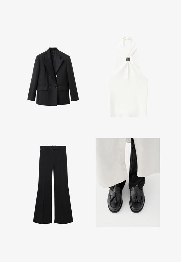 Zwarte double-breasted blazer met een notched revers, twee voorzakken, gestructureerd ontwerp en een gladde stoftextuur.; Witte halter crop top met een detail van een schildpadring aan de voorzijde van de halslijn in het midden.; Zwarte wijde broek met hoge taille, gestructureerd ontwerp en voorplooien. Gemaakt van een gladde stof met een discrete tailleband en riemlussen.; Zwarte leren loafers met kwastaccenten, voorzien van een afgeronde neus, gestikte details en een gladde afwerking, gedragen met zwarte broek.