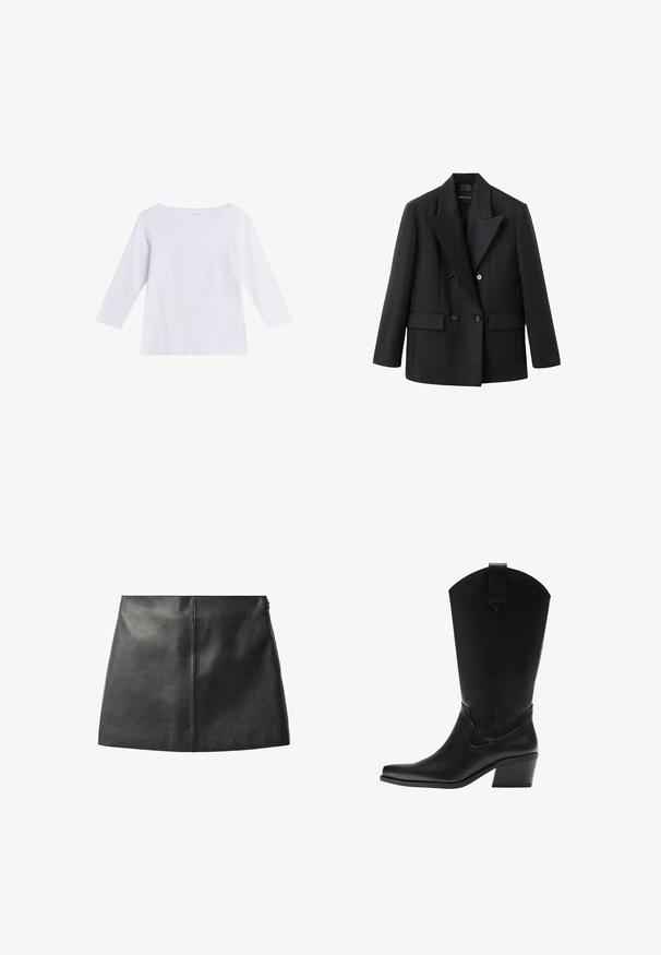 Sort dobbeltbrystet blazer med en indhakskrave, to frontlommer, struktureret design og glat stoftekstur.; Hvid langærmet skjorte med bådudskæring, lavet af blødt stof, vist på en ensfarvet hvid baggrund.; Sort læderskørt med en glat tekstur, tætsiddende design og minimalistisk silhuet. Har en central sømdetalje og en diskret sidelukning.; Sort midterlægs westernstøvle i læder med spids tå og stablet blokhæl, med trækflig og diskret dekorativ syning.