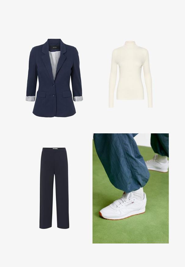 Marineblazer med en skræddersyet pasform, to forlommer og reverskrave. Inderforet har et stribet mønster. Letvægtsstof.; Hvid langærmet turtleneck-top, lavet af glat stof med en tætsiddende form, der har en høj krave og et minimalistisk design.; Marineblå bredbenede bukser lavet af blødt stof med elastisk talje og uden synlige lommer eller udsmykninger.; Hvide sneakers med en glat læderfinish, minimalistisk design, sål i gummi og et lille rødt logo på siden, parret med teksturerede blå bukser.