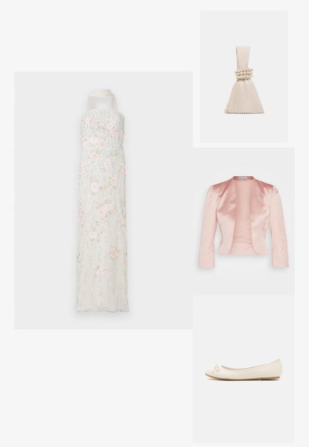 Lys pink satinjakke med skræddersyet design, sjalskrave, lange ærmer og åben front, der har en glat tekstur og ingen lukninger.; Lang, beige kjole med broderet blomsterprint i pink og blå. Har halterneck og delikate flæsedetaljer ved halsudskæringen.; Balletflade i crèmefarve med en rund tå, en lille sløjfedetalje foran og en struktureret beige sål. Glat syntetisk materiale.; Lille plisseret beige håndtaske med et knyttet håndtag og tre runde perlearmbånd viklet omkring midten.