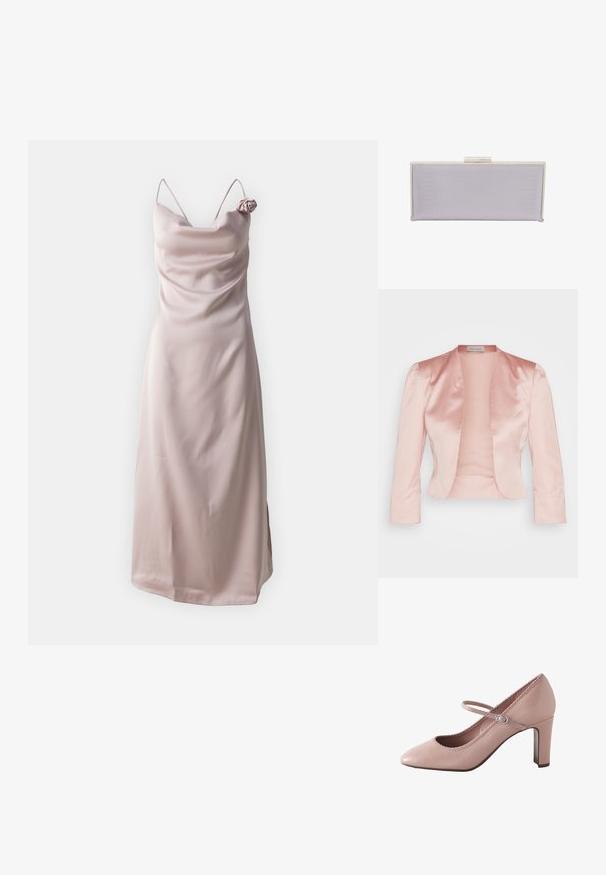 Lys pink satinjakke med skræddersyet design, sjalskrave, lange ærmer og åben front, der har en glat tekstur og ingen lukninger.; Satin sundress i lys pink med tynde stropper og en draperet halsudskæring, prydet med en roseaccent på venstre skulder.; Lyserød læderhøjhælet sko med rundet tå, ankelrem og bølget kant. Har en slank blokhæle for støtte.; Rektangulær lavendel clutch lavet af tekstureret materiale med glatte kanter. Har en sølv spænde lukning på toppen.