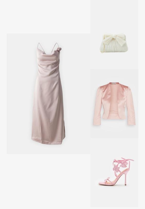 Lichtroze satijnen jack met een op maat ontworpen snit, sjawlnek, lange mouwen en een open voorkant, met een zachte textuur en zonder sluitingen.; Satin slipdress in lichtroze met dunne bandjes en een gedrapeerde halslijn, voorzien van een rozenaccent op de linkerschouder.; Roze hoge hakken sandaal met vlinderaccenten, gemaakt van soepele materialen. Beschikt over dunne bandjes en een slanke hak.; Witte geplooide clutchtas met een opvallende strikdetail en een gouden kettinghengsel. Zachte textuur met een geplooid ontwerp aan de voorkant.
