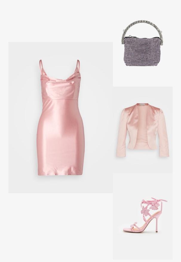 Chaqueta de satén rosa claro con un diseño entallado, cuello chal, mangas largas y un frente abierto, con una textura suave y sin cerraduras.; Vestido mini de satén rosa con tirantes finos, escote en cowl y una textura suave y brillante. Silueta ajustada y la línea del dobladillo cae a mitad del muslo.; Sandal de tacón alto rosa con acentos de mariposa, hecho de material suave. Cuenta con tirantes delgados y un tacón esbelto.; Pequeño bolso de noche rectangular cubierto de pedrería morada con un asa adornada con pedrería plateada y cierre de cremallera negra.
