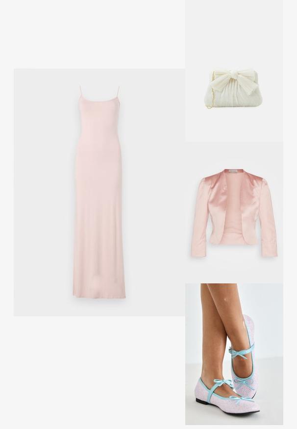 Chaqueta de satén rosa claro con un diseño entallado, cuello chal, mangas largas y un frente abierto, con una textura suave y sin cerraduras.; Vestido maxi sin mangas de color rosa con un corsé ajustado y una falda fluida. Hecho de una tela suave y lisa con un diseño minimalista y sin patrones visibles.; Zapatos de bailarina con un exterior de purpurina rosa, ribete y acentos de cuero azul, que cuentan con lazos en correas ajustables y un pequeño tacón negro.; Bolso de mano plisado blanco con un destacado detalle de lazo y una correa de cadena dorada. Textura suave con un diseño fruncido en la parte frontal.
