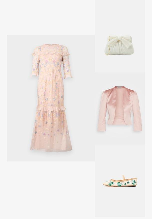Veste en satin rose clair au design ajusté, col châle, manches longues et ouverture sur le devant, avec une texture lisse et sans fermetures.; Robe rose brodée en tissu léger, ornée de motifs floraux, avec un col à volants et des manches trois quarts.; Ballerine beige à bout pointu, avec une bride unique et une broderie florale verte et bleu clair sur les côtés en tulle transparent.; Sac à main plissé blanc avec un nœud proéminent et une chaîne dorée. Texture douce avec un design froncé à l'avant.