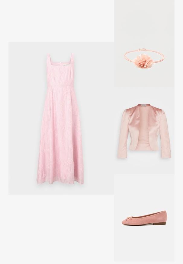 Casaco de satin rosa claro com um design ajustado, colarinho xale, mangas longas e frente aberta, apresentando uma textura suave e sem fechos.; Vestido rosa sem mangas com decote quadrado, apresentando bordado floral e uma forma fluida em linha A. Fecho de correr escondido na parte de trás.; Sapatilha de balé em camurça cor de rosa suave com pequeno laço e detalhe dourado na biqueira arredondada, salto baixo e sola lisa.; Elástico de cabelo rosa com flor de tecido macio com pétalas em camadas no centro sobre um fundo branco.