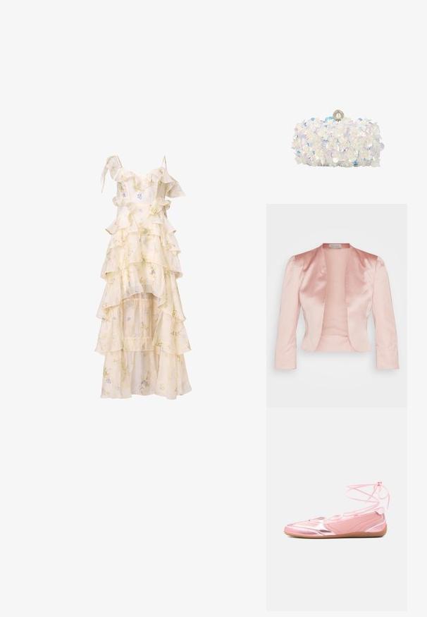 Lys pink satinjakke med skræddersyet design, sjalskrave, lange ærmer og åben front, der har en glat tekstur og ingen lukninger.; Blomstret kjole med lagdelte volanger, spaghetti stropper og en høj-lav kant. Fremstillet af let, flydende stof i blød creme og pastelfarver.; Lyserøde ballerinaer med metalliske detaljer, glat tekstur og snøredesign. Har en slank, fleksibel sål og branding på siden.; Hvid clutch-taske dækket med iriserende blomsterapplikationer og perleaccents, med perlelås øverst.