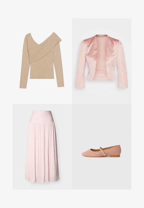Lys pink satinjakke med skræddersyet design, sjalskrave, lange ærmer og åben front, der har en glat tekstur og ingen lukninger.; Even&Odd Striktrøje - mottled beige; Maxi-nederdel i lyserød med høj talje, rynket taljebånd og flydende, plisseret stof, der går helt ned til gulvet.; Lyserød syntetisk lædersko med spids tå, lav hæl og en rem med en guldbuckle. Glat tekstur med et minimalistisk design.
