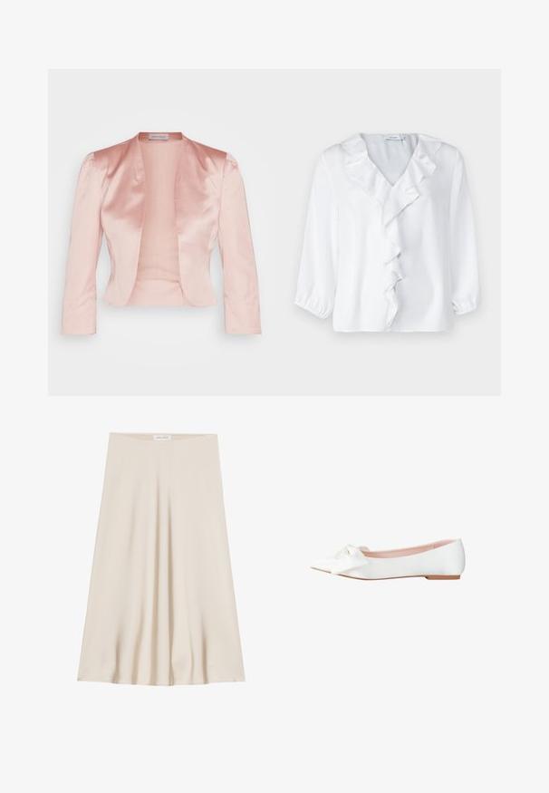 Veste en satin rose clair au design ajusté, col châle, manches longues et ouverture sur le devant, avec une texture lisse et sans fermetures.; Blouse blanche avec des manches 3/4, un col en V et un détail froncé sur le devant. Confectionnée dans un tissu lisse et léger avec une texture douce.; Une jupe crème, à longueur de genoux, fabriquée en tissu lisse avec un design évasé et une large taille. Pas de motifs ou d'ornements présents.; Chaussure plate blanche à bout pointu avec un grand nœud décoratif à l'avant et une semelle marron clair, vue de côté.