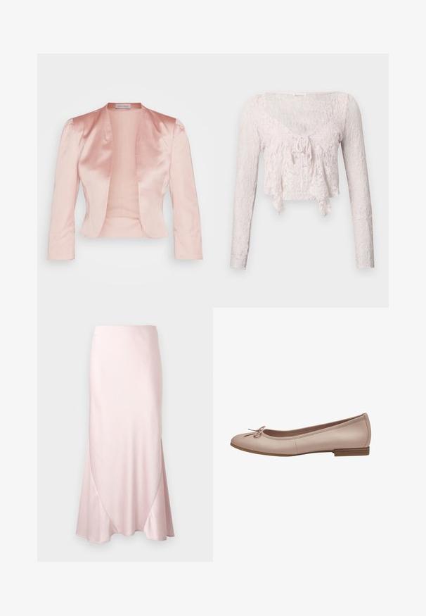 Chaqueta de satén rosa claro con un diseño entallado, cuello chal, mangas largas y un frente abierto, con una textura suave y sin cerraduras.; Top corto de encaje rosa claro con mangas largas, escote en V y detalle de lazo en la parte delantera. Patrón floral texturizado en toda la prenda.; Falda midi de satén color rosa claro con una silueta en línea A y sutiles detalles de costuras diagonales sobre un fondo liso.; Bailarinas de cuero rosa claro con punta redonda, pequeño tacón marrón y un lazo decorativo en la parte delantera. Textura suave y diseño sencillo.