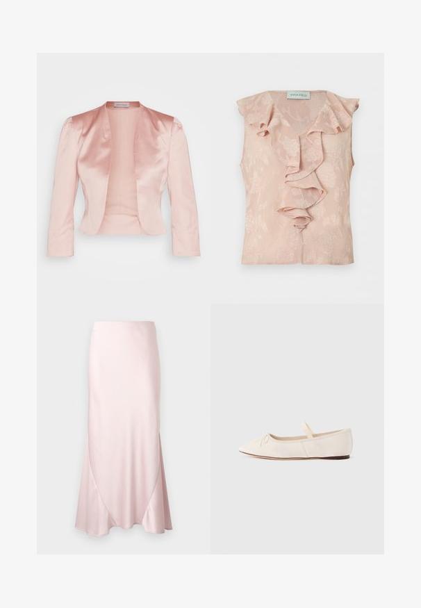 Veste en satin rose clair au design ajusté, col châle, manches longues et ouverture sur le devant, avec une texture lisse et sans fermetures.; Blouse sans manches rose pâle avec motif jacquard floral et détail en volants cascades sur le devant et le décolleté.; Jupe midi en satin rose clair avec une silhouette évasée en A et des détails subtils de coutures diagonales sur un fond uni.; Ballerines en daim beige clair, bout pointu et fine bride élastique sur le dessus. Semelle plate avec un léger accent en caoutchouc.