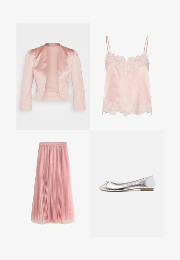 Lys pink satinjakke med skræddersyet design, sjalskrave, lange ærmer og åben front, der har en glat tekstur og ingen lukninger.; Lyserød satin camisole med hvid blondekant langs halsudskæring og kant, med tynde justerbare skulderstropper.; Rosa plisseret midi-nederdel med et lag af blonder under og en rynket talje, vist på en hvid baggrund.; Sølv balletflade med metallisk finish, rund tå, sløjfeaccent foran og en lav hæl for ekstra komfort.