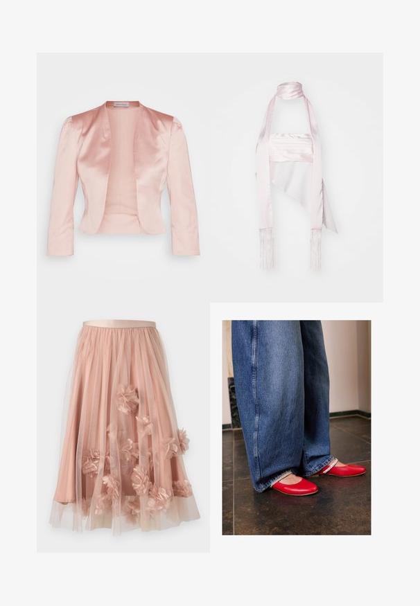 Veste en satin rose clair au design ajusté, col châle, manches longues et ouverture sur le devant, avec une texture lisse et sans fermetures.; Écharpe en satin rose avec un design long, présentant des bords frangés et une cravate fine. Sa texture lisse et sa forme drapée renforcent son élégance.; Jupe en tulle rose pâle avec une ceinture en satin. Comprend plusieurs couches de tissu transparent et des appliqués floraux en trois dimensions sur toute la surface.; Des ballerines en cuir rouge avec un bout arrondi et une sangle argentée. Portées avec un jean en denim bleu à jambe large, présentant un ourlet effiloché.