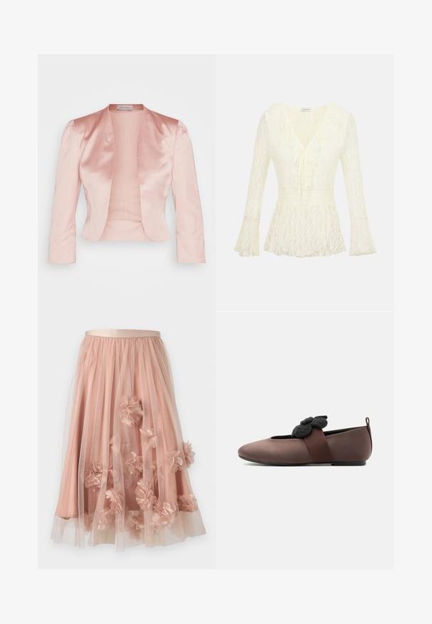 Light pink satin jacket with a tailored design, shawl collar, long sleeves, and an open front, featuring a smooth texture and no fastenings.; Ivory lace long-sleeve blouse with V-neck, ruffled collar, tie front, smocked waist, and flared cuffs.; Tulle skirt in soft pink with a satin waistband. Features layered sheer fabric and three-dimensional floral appliqués throughout.; Brown flat shoe with rounded toe, black elastic strap decorated with a black felt flower, and a small heel tab.