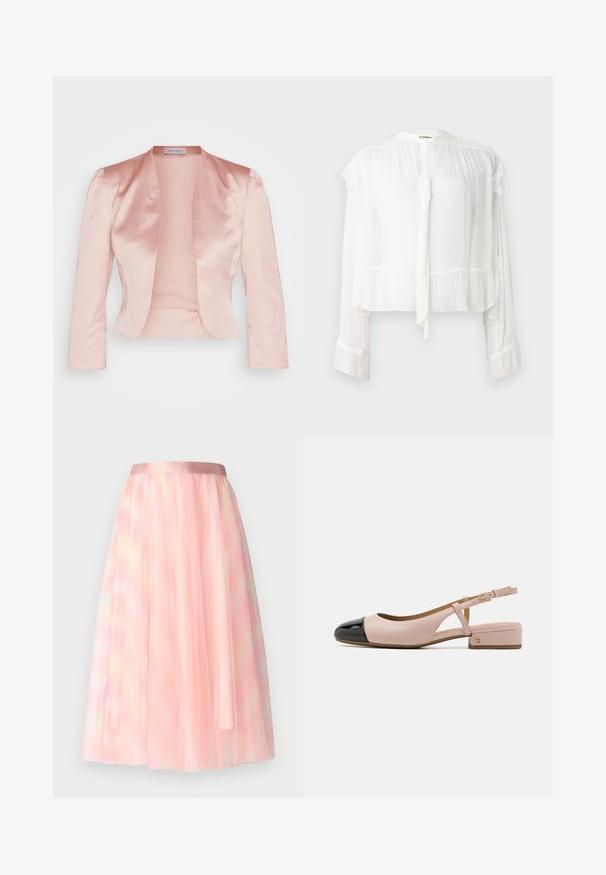 Lys pink satinjakke med skræddersyet design, sjalskrave, lange ærmer og åben front, der har en glat tekstur og ingen lukninger.; Hvid, langærmet bluse i letvægtigt stof. Har en volang-krave og manchetter, med et bindebånd foran. Kroppet design.; Ida Sjöstedt FLAWLESS SKIRT - A-snit nederdel - pink; Slingback sko med en blush læderoverdel og en blank sort tå. Har en lille blokhæl og en justerbar ankelrem.
