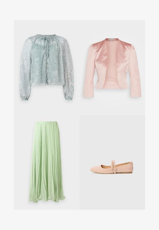 Veste en satin rose clair au design ajusté, col châle, manches longues et ouverture sur le devant, avec une texture lisse et sans fermetures.; Blouse légère bleu clair en tissu transparent avec un motif floral, encolure froncée, manches bouffantes longues et fermeture à boutons sur le devant.; Jupe longue plissée vert clair avec un tissu fluide et une taille élastique, présentée sur un fond blanc.; Ballerines en cuir verni rose pâle avec un bout pointu, dotées de deux brides ajustables et d'une semelle plate en caoutchouc.