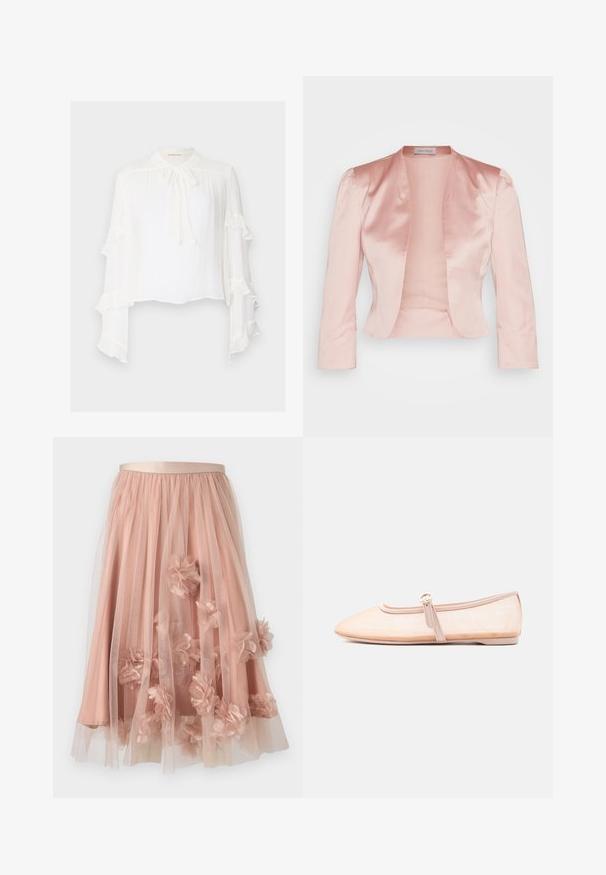Veste en satin rose clair au design ajusté, col châle, manches longues et ouverture sur le devant, avec une texture lisse et sans fermetures.; Blouse blanche à manches longues évasées avec des bords ondulés. Col montant avec un détail à nouer et tissu léger et texturé.; Jupe en tulle rose pâle avec une ceinture en satin. Comprend plusieurs couches de tissu transparent et des appliqués floraux en trois dimensions sur toute la surface.; Chaussure plate beige clair avec un bout pointu et une bride latérale avec boucle, présentée sur un fond blanc uni.