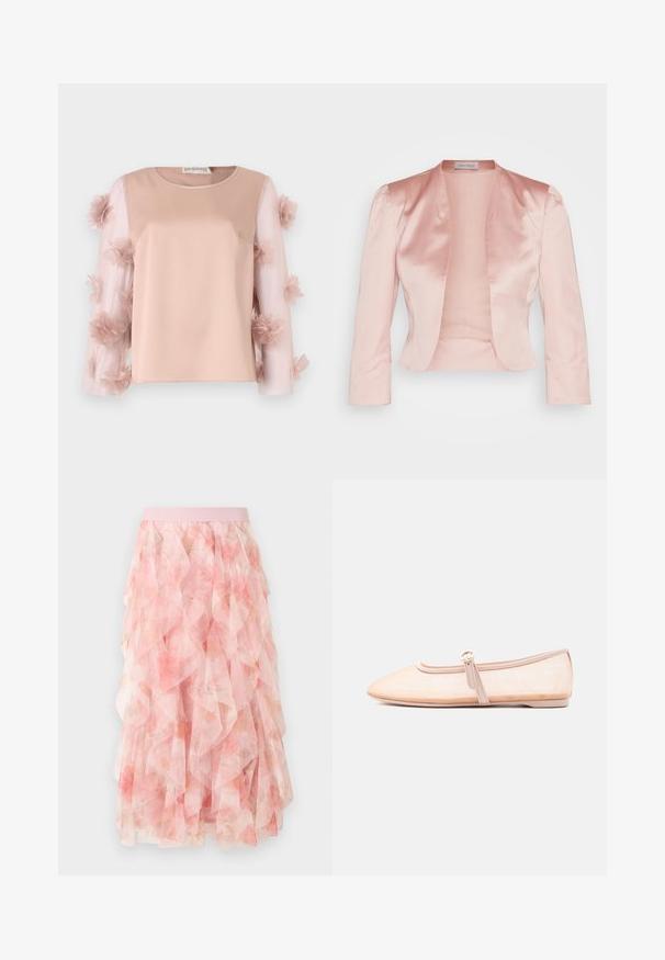 Veste en satin rose clair au design ajusté, col châle, manches longues et ouverture sur le devant, avec une texture lisse et sans fermetures.; Haut rose clair avec un corps en satin uni. Les manches transparentes présentent des fleurs en tissu éparpillées, ajoutant de la texture et des détails. Encolure arrondie.; Jupe midi en tulle rose à couches avec motif floral et taille élastique, présentant des textures douces et volantées.; Chaussure plate beige clair avec un bout pointu et une bride latérale avec boucle, présentée sur un fond blanc uni.
