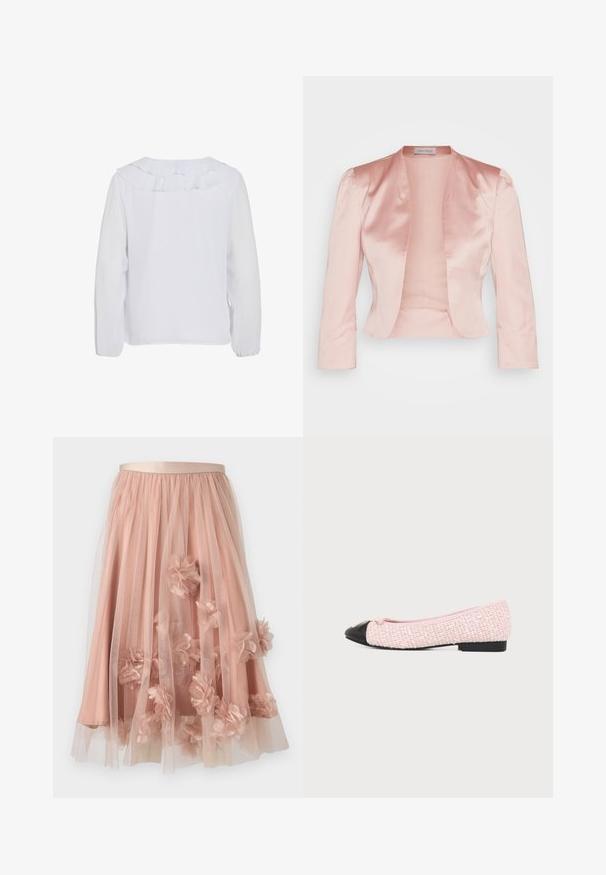 Lys pink satinjakke med skræddersyet design, sjalskrave, lange ærmer og åben front, der har en glat tekstur og ingen lukninger.; Hvid langærmet bluse med en flæset krave, glat tekstur og elastiske manchetter. Enkel, ren design der egner sig til forskellige anledninger.; Tylskørt i blød lyserød med satinbånd i taljen. Har lag af gennemsigtigt stof og tredimensionelle blomsterapplikationer over det hele.; Lyserød tekstureret balletsko med sort afrundet tåhætte og lille sløjfe på hvid baggrund.