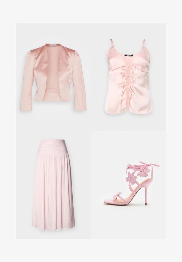 Chaqueta de satén rosa claro con un diseño entallado, cuello chal, mangas largas y un frente abierto, con una textura suave y sin cerraduras.; Top de satén rosa con tirantes ajustables, que presenta un cierre frontal con lazo y un diseño con escote en V. Textura suave y líneas limpias.; Falda larga de talle alto en color rosa claro, con cintura fruncida y tela plisada y fluida que llega hasta el suelo.; Sandal de tacón alto rosa con acentos de mariposa, hecho de material suave. Cuenta con tirantes delgados y un tacón esbelto.