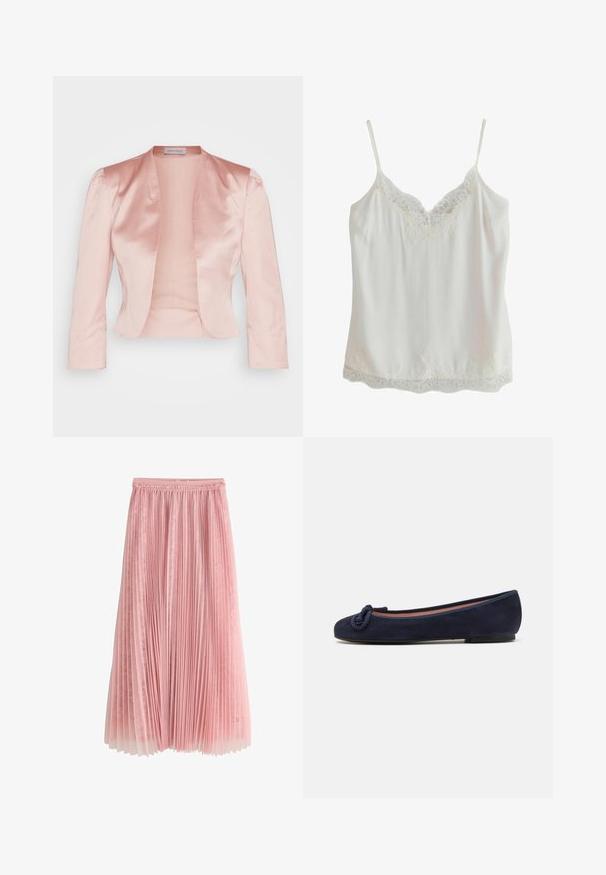 Lys pink satinjakke med skræddersyet design, sjalskrave, lange ærmer og åben front, der har en glat tekstur og ingen lukninger.; Hvid ærmeløs camisole med tynde stropper og blondekant på udskæringen og kanten, lavet af glat stof.; Rosa plisseret midi-nederdel med et lag af blonder under og en rynket talje, vist på en hvid baggrund.; Mørkeblå ruskinds ballet flade med rund tå og knyttet detalje på tåen. Lav, fleksibel sål for komfort. Simpel og strømlinet design.
