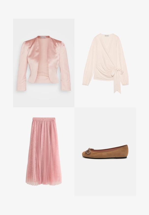 Lys pink satinjakke med skræddersyet design, sjalskrave, lange ærmer og åben front, der har en glat tekstur og ingen lukninger.; Ærmeløs top i blødt, lys rosa stof. Har lange ærmer, et bånd i taljen og blide draperinger over forsiden.; Rosa plisseret midi-nederdel med et lag af blonder under og en rynket talje, vist på en hvid baggrund.; Brune suedede balletflade med en rund tå, prydet med en dekorativ rebknude på fronten og en flad sål.