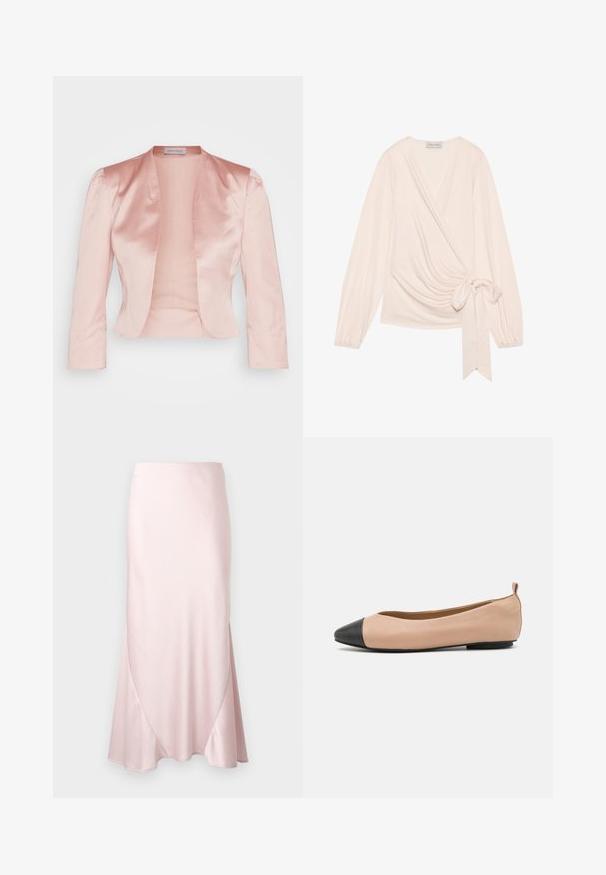 Lys pink satinjakke med skræddersyet design, sjalskrave, lange ærmer og åben front, der har en glat tekstur og ingen lukninger.; Ærmeløs top i blødt, lys rosa stof. Har lange ærmer, et bånd i taljen og blide draperinger over forsiden.; Lyserød satin midi-nederdel med A-formet silhuet og fine diagonale sømdetaljer på en ensfarvet baggrund.; Læderballetflade med en nude farve og sort tætsko. Har et minimalistisk design, glat tekstur og en lille bagløkke for nem påføring.