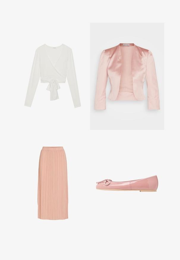 Veste en satin rose clair au design ajusté, col châle, manches longues et ouverture sur le devant, avec une texture lisse et sans fermetures.; Haut à manches longues blanc enroulé avec un décolleté en V et un détail noué à l'avant. Fabriqué en tissu doux, présente un design court. Texture lisse.; Jupe midi plissée rose clair avec ceinture élastique, silhouette droite et fines plis verticaux sur fond blanc.; Ballerines en cuir verni rose avec un bout arrondi, détail en corde à l'avant et semelle en caoutchouc beige. Fini lisse et brillant sur l'ensemble.