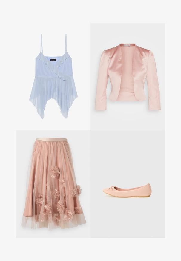 Chaqueta de satén rosa claro con un diseño entallado, cuello chal, mangas largas y un frente abierto, con una textura suave y sin cerraduras.; Even&Odd by Zalando Top - sky blue; Falda de tul en rosa suave con cinturilla de satén. Cuenta con tela transparente en capas y apliques florales tridimensionales por toda la prenda.; Zapato plano de ballet en material sintético rosa claro con puntera redondeada, que presenta un pequeño detalle de lazo y una suela flexible.