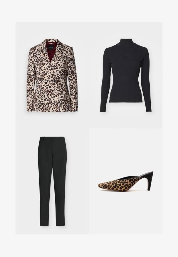 Dubbelzijdig blazer met geknipte revers en klepzakken in beige stof met een bruin en zwart luipaardprintpatroon.; Zwarte geribde coltrui met lange mouwen. Gemaakt van rekbare stof met een getailleerde pasvorm en hoge kraag. Eenvoudig ontwerp zonder versieringen.; Zwarte slim fit broek met riemlussen, voorrits en rechte pijpen, getoond tegen een witte achtergrond.; Puntschoen muilezool met luipaardprint bovenwerk en zwarte middelhoog stilettohak op een effen witte achtergrond.