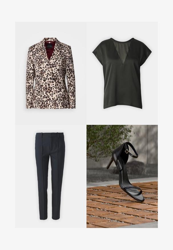 Blazer de doble botonadura con solapas de muesca y bolsillos de solapa en tela beige, con un patrón de estampado de leopardo en marrón y negro.; Top negro de manga corta con un acento de malla en forma de V en la parte posterior. Tela suave, corte relajado y escote redondeado.; Pantalones de corte ajustado en azul marino con una textura suave, que presentan pliegues frontales, pasadores para cinturón y un diseño de pierna recta, fabricados con un tejido ligero.; Sandalia negra de tacón alto con correa en el tobillo, parece suspendida sobre un suelo de baldosas de madera al aire libre, con un fondo difuminado de vegetación y piedra.