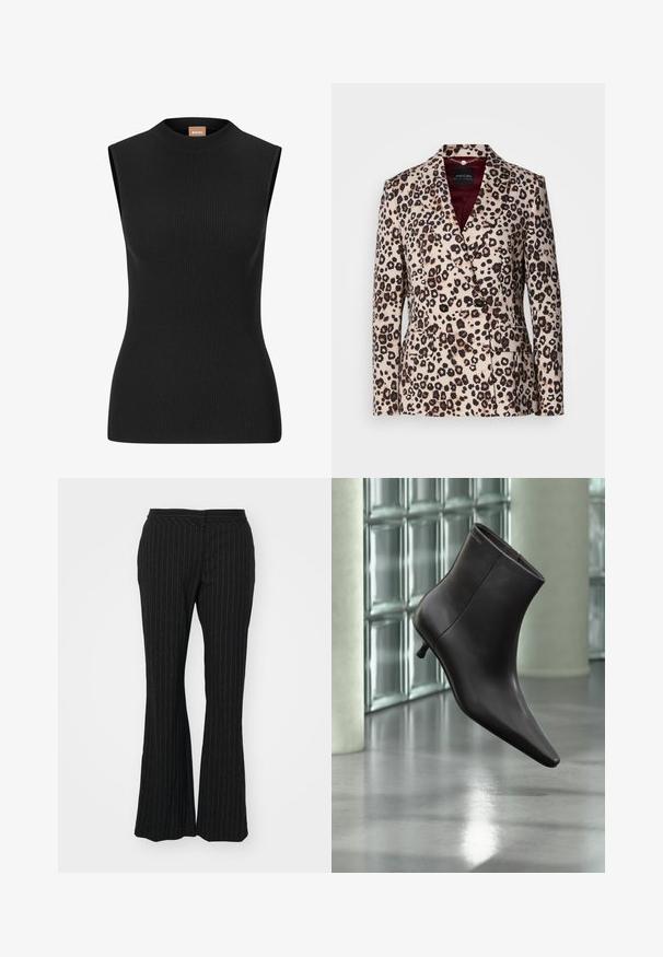 Dubbelzijdig blazer met geknipte revers en klepzakken in beige stof met een bruin en zwart luipaardprintpatroon.; Mouwloze zwarte geribbelde top met een hoge halslijn en een aansluitende pasvorm, gemaakt van rekbaar materiaal. Bevat minimale branding op de hals.; Zwarte flared broek met streepjes, met een gladde textuur en een middelhoge taille, ontworpen met een slim fit en een subtiele glans.; Zwarte leren enkellaars met puntige neus en lage hak, afgebeeld tegen een glazen blokkenmuur en gepolijste vloer op de achtergrond.