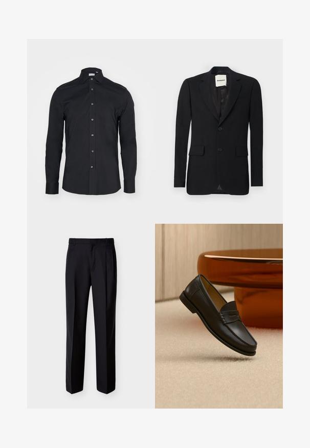 Schwarzer Blazer aus glattem Stoff, mit Reverskragen, zwei Vorderaschen und zwei Knöpfen. Verfügt über ein satinartiges Innenfutter und ein Markenetikett im Inneren.; Schwarze Langarm-Button-Up-Bluse mit klassischem Kragen. Hergestellt aus glattem Stoff, verfügt über Vorderknöpfe und abgerundete Manschetten.; Schwarze, maßgeschneiderte Hose mit geradem Schnitt, Falten vorne und seitlichen Taschen. Hergestellt aus einem glatten, leichten Stoff mit einfarbigem Muster.; Schwarzer Leder-Loafer, der über einem hellbeigen Teppich schwebt, mit bernsteinfarbenen modernen Möbeln im Hintergrund.