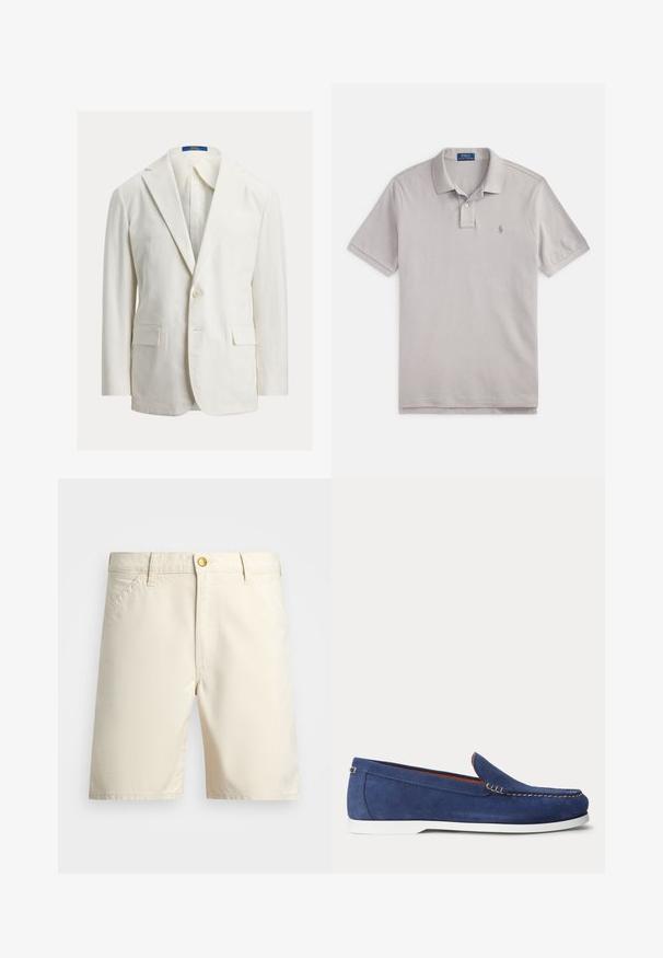 Valge ühe nupuga bleiser sälklapiga, klapiga taskutega ja Polo Ralph Laureni sildiga krae sees.; Halli tekstuurse puuvillaga lühikeste varrukatega polo särk, millel on kahe nupuga plakeering ja väike tikkitud logo rinnal.; Kergedest beezid šortid, mis on valmistatud kerge kangaga, millel on nööpide sulgemine, vöökohad ja küljetaskud. Lihtne disain puhaste joontega.; Sinine seemisnahast loafers valge tallaga ja beežika õmblusega ülaääres, esitletud tavalise valge tausta ees.