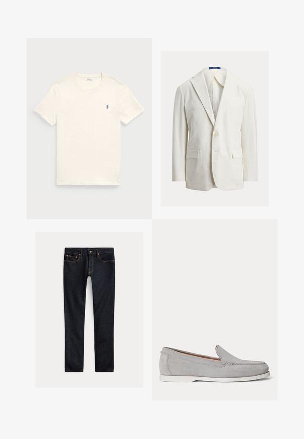 Blazer blanco de un solo botón con solapas con muesca, bolsillos de solapa y etiqueta Polo Ralph Lauren en el interior del cuello.; Camiseta de algodón color crema con cuello redondo y mangas cortas. Presenta un pequeño logo bordado en azul en el lado izquierdo del pecho.; Vaqueros ajustados de color azul oscuro con cinco bolsillos, cierre de botones y costuras en contraste, colocados planos sobre un fondo claro.; Mocasín de ante gris claro sin cordones con suela blanca, costuras visibles y tacón bajo mostrado de perfil sobre fondo blanco.