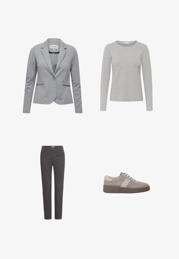 Grå blazer lavet af blødt, strækbart stof. Har en smal klapkrave, en enkelt knaplukning og to forlommer med diskret detaljer.; Grå langærmet t-shirt lavet af blødt, let stof. Har en rund halsudskæring og en afslappet pasform uden synlige mønstre eller accenter.; Mørkegrå denim bukser med lige ben, frontlommer og knaplukning. Materialet har en glat overflade og minimale metal detaljer.; Grå ruskinds sneakers med en blød, cremefarvet shearling-detalje, flade hvide snørebånd og en tekstureret gummisål. Chunky design.