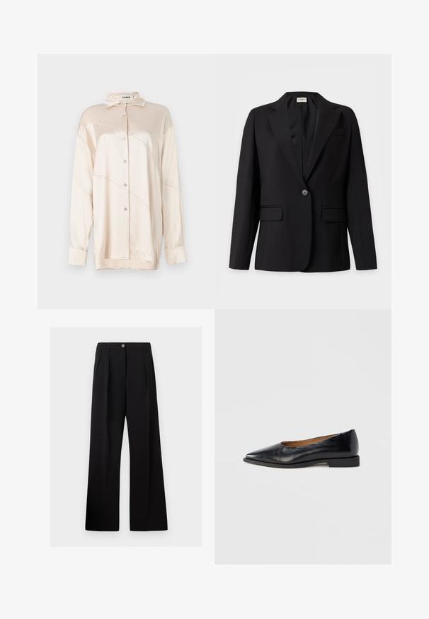 Čierne sako na mieru s jedným gombíkom, vykrojenými klopami, dvoma vreckami s klopou a náprsným vreckom, zobrazené na jednofarebnom pozadí.; AERON ABIGAIL SHIRT - Blúzka so zapínaním na gombíky - silver; Čierne široké nohavice s vysokým pásom, prednými záhybmi, pútkami na opasok a zapínaním na gombík v páse.; Čierna kožená balerína s ostrou špičkou a nízkym štvorcovým podpätkom. Hladká textúra, minimalistický dizajn, bez viditeľných kovových prvkov alebo vzorov.