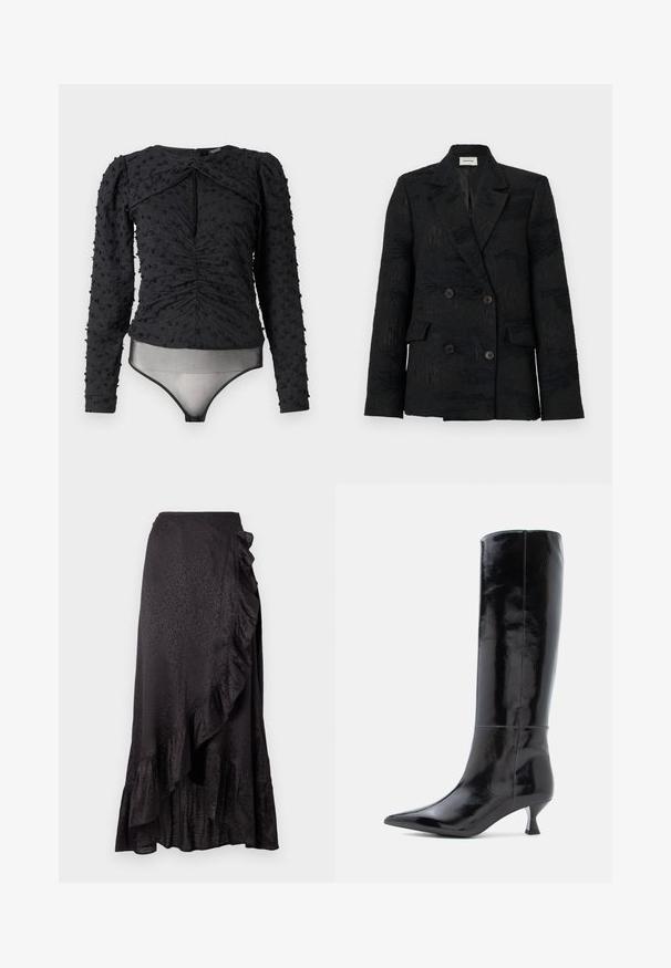 Henrik Vibskov MOTIF - Blazer - black; Hofmann Copenhagen EXCLUSIVE ALEXANDRA - Blusa - black; Falda de satén negra con un dobladillo rizado y detalles laterales. El patrón de leopardo texturizado añade interés visual. Silueta larga y fluida.; Botas de cuero negras hasta la rodilla con un acabado brillante, punta afilada y un pequeño tacón cuadrado. Textura suave, detalles de costura mínimos.