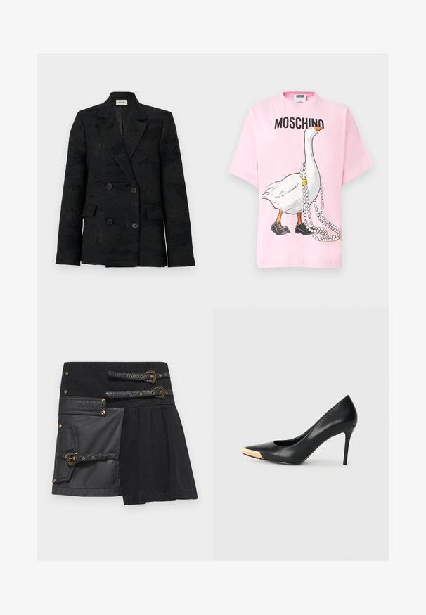 Henrik Vibskov MOTIF - Blejzer - black; Ružové tričko s krátkym rukávom s grafikou husy v čiernych topánkach a s náhrdelníkom z perál, s nápisom "MOSCHINO" nad obrázkom.; Čierna sukňa s koženými akcentmi, detailmi s prackami a kombináciou textúr. Obsahuje vrecko na ľavej strane a plisovaný dizajn.; Čierny kožený lodičkový topánok na vysokom opätku s špicatou špičkou; zdobený kovovým zlatým akcentom na špičke. Hladký povrch s elegantným dizajnom.