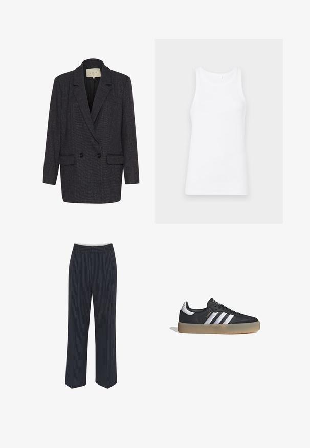 Blazer de doble botonadura en tejido texturizado gris oscuro, con cuello con muescas, dos bolsillos delanteros y botones negros.; Top sin mangas de algodón blanco con un escote redondo y tirantes anchos. La tela es suave y ajustada, sin patrones ni adornos visibles.; Pantalones azul marino con rayas verticales blancas, diseño de pierna ancha, tejido suave, presillas para cinturón y una línea planchada en la parte delantera para un aspecto ajustado.; Zapatilla deportiva de cuero negro con tres rayas plateadas, punta texturizada y suela de goma. Cuenta con un collar acolchado y un diseño con cordones.