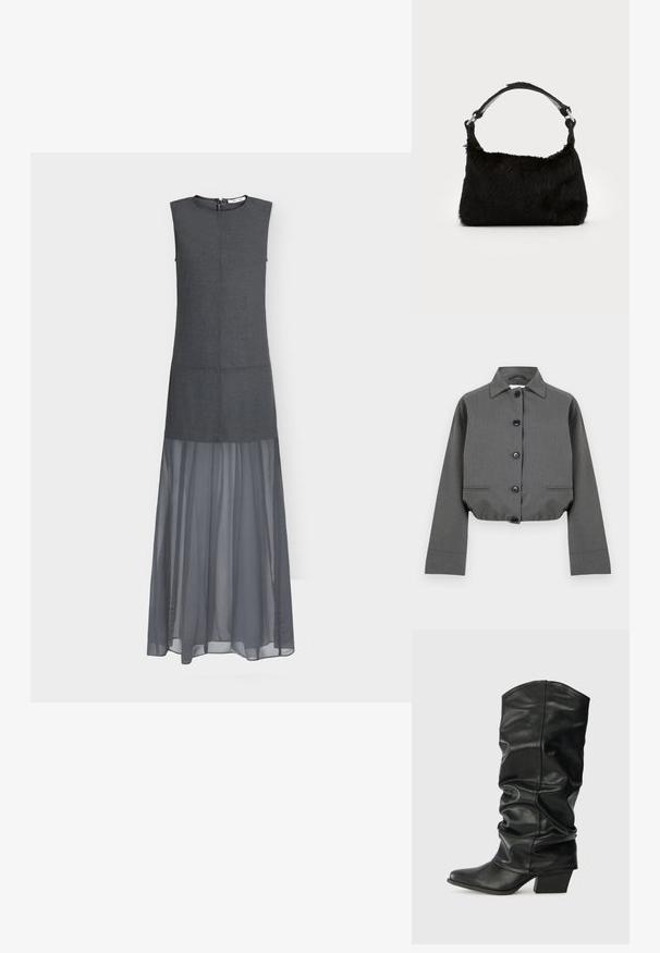 Veste grise courte en tissu texturé, avec un devant boutonné, un col pointu et deux poches avant discrètes.; Robe sans manches gris foncé avec un corsage ajusté et une longue jupe en chiffon transparent s'étendant du milieu de la cuisse jusqu'à la cheville.; Bottes noires en cuir, montantes jusqu'au genou, avec un design plissé, un bout pointu et un talon épais, présentant une texture lisse et des coutures minimales.; Sac à main en fausse fourrure noire avec une texture douce, une forme arrondie et une bandoulière en cuir noir robuste. Accent en métal argenté visible.