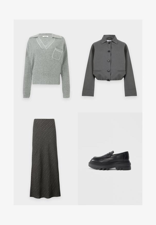 Veste grise courte en tissu texturé, avec un devant boutonné, un col pointu et deux poches avant discrètes.; Pull en tricot gris avec un col en V et des finitions blanches contrastantes, doté d'une poche avant et de manches longues. Texture légère.; Jupe midi noire avec des rayures blanches diagonales, fabriquée dans un tissu lisse. Présente un design évasé et une silhouette en A.; Mocassin en cuir noir avec une semelle épaisse noire et un détail de sangle texturé. La finition lisse et la forme arrondie renforcent son design contemporain.