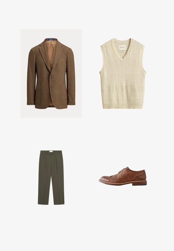 Bruine wollen blazer met visgraatmotief, twee opgestikte voorzakken, sluiting met één knoop, notch revers en beige satijnen voering.; Beige gebreid mouwloos vest met V-hals, voorzien van textuurrijke geometrische patronen en een GANT merklabel binnenin de kraag.; Olijfgroene broek met verticale krijtstrepen, voorzien van een op maat gemaakte taille, plooien en een rechte pijp. Gladde textuur.; Bruine leren brogueschoen met vleugelpunt-perforaties, veterluiting en gestapelde houten hak, weergegeven in rechterzijaanzicht.