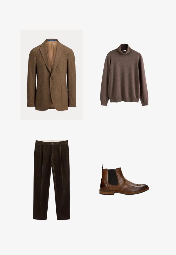 Bruine wollen blazer met visgraatmotief, twee opgestikte voorzakken, sluiting met één knoop, notch revers en beige satijnen voering.; Bruine coltrui gemaakt van zachte stof. Beschikt over lange mouwen en een relaxte pasvorm, met ribgebreide kraag en zoomdetails.; Donkerbruine corduroy broek met voorzakken, ceintuurlussen en een knoopsluiting op een effen achtergrond.; Bruine leren Chelsea-laars met brogue-details, elastische zijpanelen, aantreklipje en lage gestapelde houten hak, weergegeven in profielzicht.