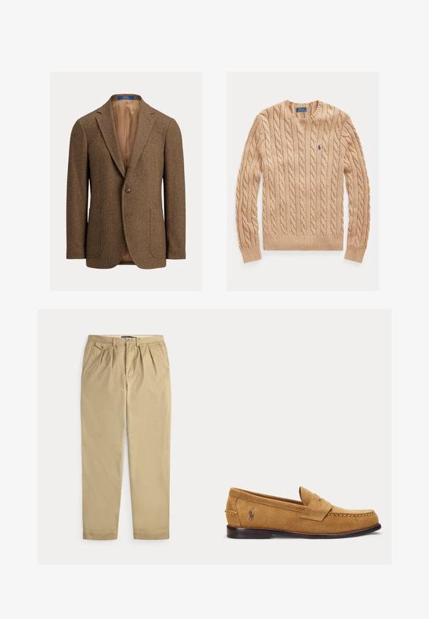 Bruine wollen blazer met visgraatmotief, twee opgestikte voorzakken, sluiting met één knoop, notch revers en beige satijnen voering.; Beige kabelgebreide trui met ronde hals, lange mouwen en klein blauw Polo Ralph Lauren-logo op de linkerborst.; Beige geplooide broek met zijzakken, een klein knoopsluitbaar muntzakje aan de rechterkant, riemlussen en een voorste knoop- en ritssluiting.; Tan suède loafer met gestikte details en een klein geborduurd paardenlogo aan de zijkant, met een lage houten hak en instapmodel.