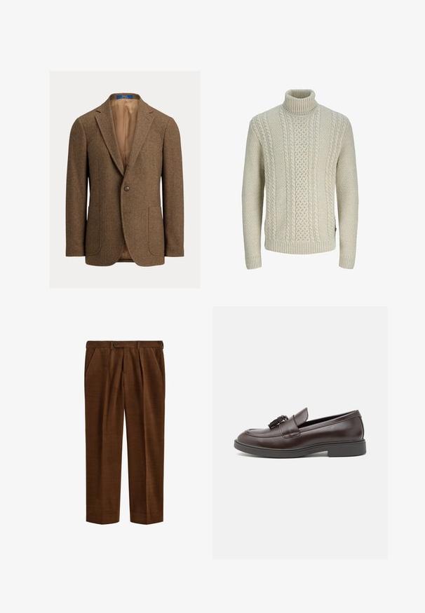 Blazer en laine marron à chevrons avec deux poches plaquées avant, fermeture à un bouton, revers crantés et doublure satin beige.; Pull en tricot beige à col roulé avec des motifs en torsade et texturés, des poignets et un ourlet côtelés, et un design confortable adapté aux temps frais.; Pantalon en velours côtelé marron avec des plis, poches latérales, passants pour ceinture et fermeture par bouton à la taille, présenté à plat sur fond blanc.; Mocassins en cuir marron avec un bout arrondi, un gland décoratif, des coutures raffinées et un petit talon en caoutchouc pour un confort supplémentaire.