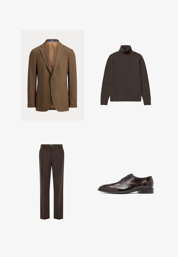 Blazer en laine marron à chevrons avec deux poches plaquées avant, fermeture à un bouton, revers crantés et doublure satin beige.; Pull en col roulé marron en tricot doux. Présente un col et des poignets côtelés, des manches longues et une coupe décontractée. Aucun motif visible.; Pantalon marron foncé sur mesure avec plis à l'avant, passants de ceinture, fermeture par bouton et coupe droite.; Chaussure habillée Oxford en cuir marron foncé avec perforations brogue et semelle noire, vue de profil sur fond blanc.
